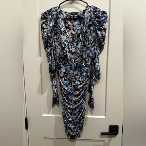 MACEY PUFF LONG SLEEVE V-NECK MINIDRESS IN BLUE WILDFLOWER